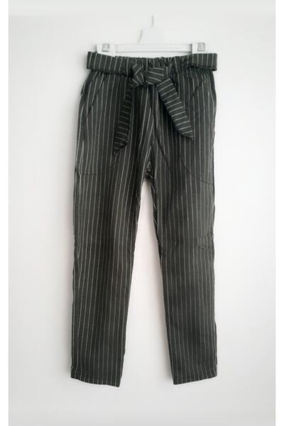 Elvinsa Pantaloni sezonieri pentru fete cu dungi kaki cu talie elastică și bu...