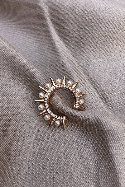 Novon Giyim & Aksesuar Inci Ve Zirkon Taş Detaylı Mohikan Altın Kaplama Tasarım Ear Cuff / Kıkırdak Küpesi