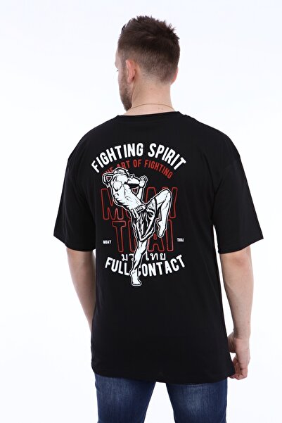 COOLANDBASIC Thai Boks Fighter Muay Thai Erkek Oversize Siyah Önü Ve Arkası B...