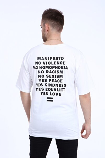 Manıfesto Erkek Beyaz Önü Baskılı Oversize Bisiklet Yaka T-shirt
