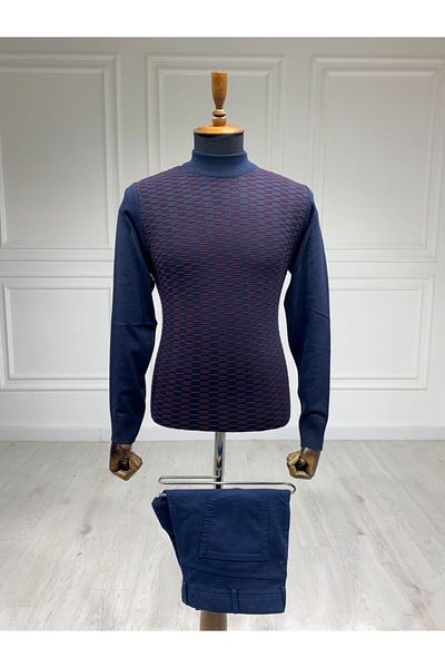 CCS Sarar Men's Navy Blue Half Fisherman Patterned Knitwear Sweater
