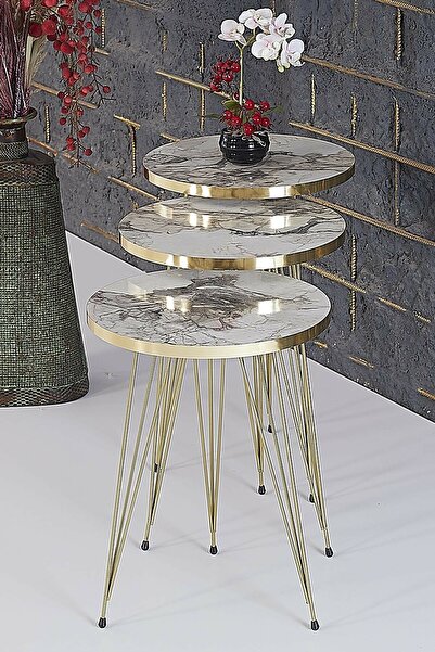 mobecohome Mobeco Home 3 Lü Zigon Sehpa- Yuvarlak Efes Mermer Desenli Gold Metal Ayak