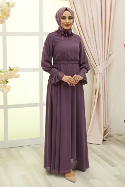 Feiza Collection Boynu Tüylü Tesettür Abiye Elbise - Gül Kurusu