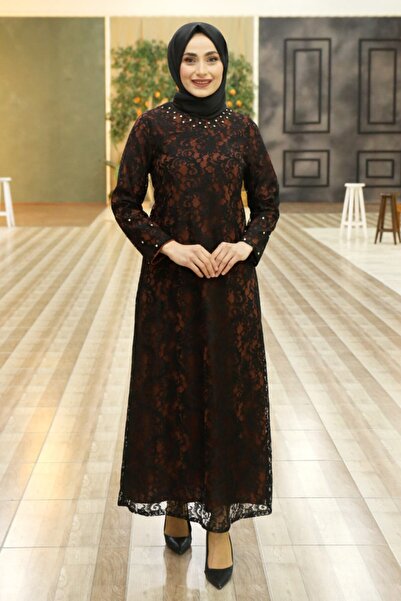 Feiza Collection Dantelli Tesettür Abiye Elbise - Kiremit
