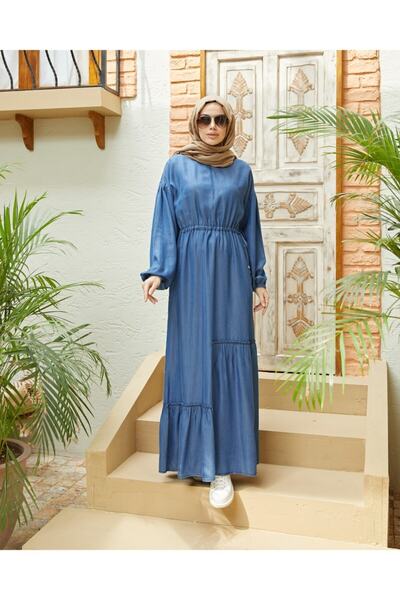 Neways 6570-denim Asimetrik Büzgülü Elbise Koyu Mavi