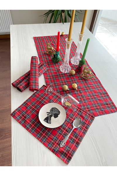 White Alamode New Year New Year's Eve Special Plaid & Scottish Patterned Runner and Placemat Set