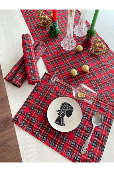 White Alamode New Year New Year's Eve Special Plaid & Scottish Patterned Runner and Placemat Set