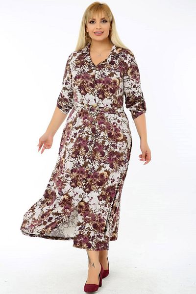 Kheos Long Sleeve Belted Floral Patterned Slit Shirt Dress