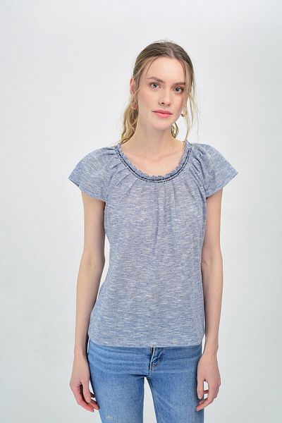 Hanna's by Hanna Darsa Women's Blue Crew Neck Pipe Collar Bead Embroidered T-shirt Hn1369
