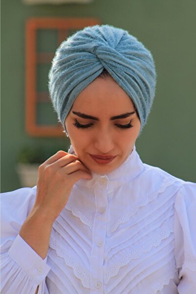 Sahra Şal Dünyası Hazır Düğüm Bone Sakallı Su Yeşili