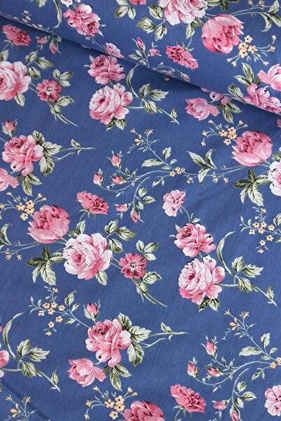 daisy star Mavi Pembe Gül Nevresimlik Poplin Kumaş