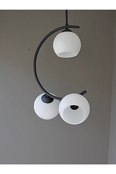 AVİZEVİ Aydınlatma Salon Oda Mutfak Beyaz Camlı C Kol 3 Lü Siyah Avize