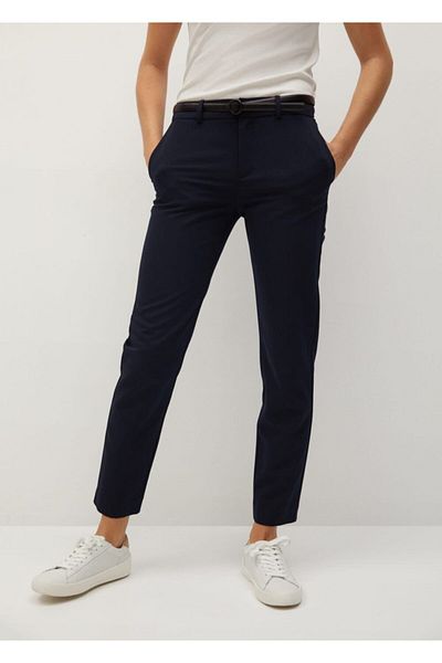 MANGO Woman Pantaloni de damă din stofă cu curea albastru bleumarin 77030108