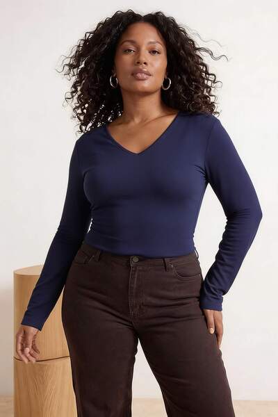 Trendyol Curve Navy Blue-Stone 2-Pack V-Neck Fitted/Skin-Fitting Cotton Stret...