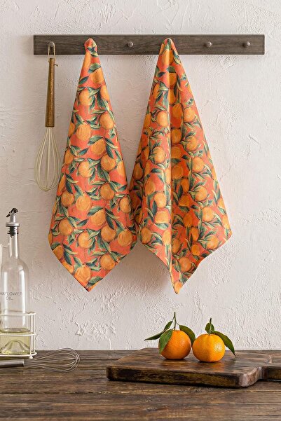 TRENDYOLMİLLA HOME 2er-Pack Küchenhandtücher aus 100 % Baumwolle mit orangefa...