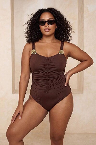 Trendyol Curve Καφέ μαγιό με χρυσά αξεσουάρ και κορδόνι περίσφιξης, μεγάλο μέ...