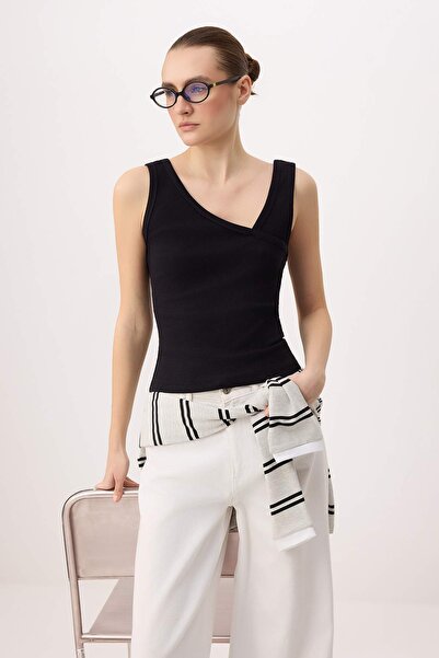 Trendyol Collection Black Plain Fitted Asymmetric Collar Thick Strap Sleevele...