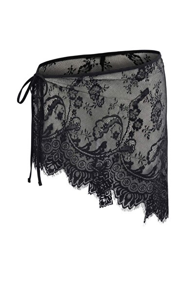 Trendyol Curve Black Lace Tie-Detail Knitted Plus Size Pareo Skirt Tbbss26Az0...