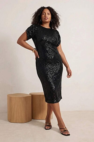 Trendyol Curve Μαύρο εφαρμοστό πλεκτό φόρεμα με παγιέτες και λάμψη, βραδινό φ...