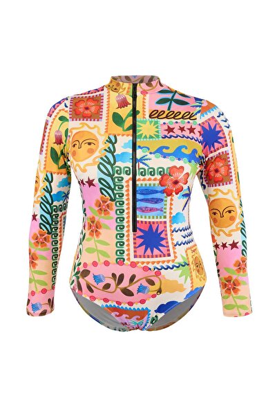 Trendyol Curve Дългоръкавен бански костюм с цип и сърфист, с многоцветен троп...