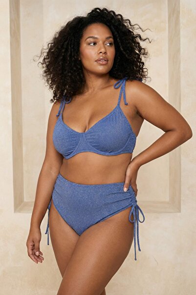Trendyol Curve Top de bikini cu legături indigo, cu sclipici, care nu se zgâr...