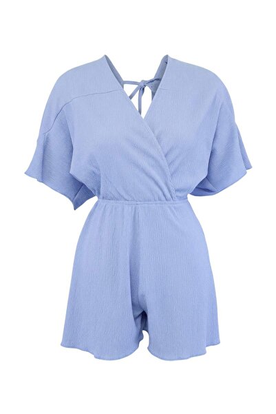 Trendyol Collection Blue Knitted Mini Ruffle Regular Beach Jumpsuit Tbess26Tu...