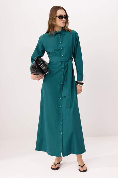 Trendyol Modest Green Belted Unlined Plain Woven Dress&Jumpsuit Terrycotton H...