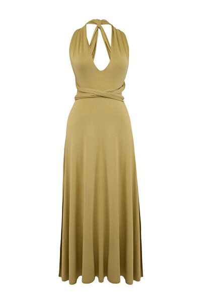 Συλλογή Trendyol Ανοιχτό χακί πλεκτό φόρεμα παραλίας μάξι με λεπτομέρεια δεσί...