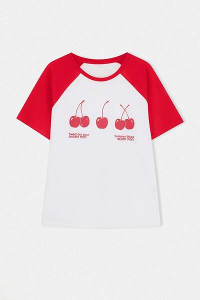 Trendyol Curve Red Color Block Printed 100% Cotton Knitted Oversize T-Shirt T...