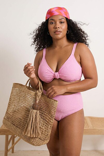 Trendyol Curve Pink Sea Shell Texturierter Stoff Deep V Plus Size Bikini-Ober...