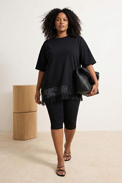 Trendyol Curve Black Altı Δαντέλα Λεπτομερές Πλεκτό Γυναικείο T-shirt Μεγάλου...