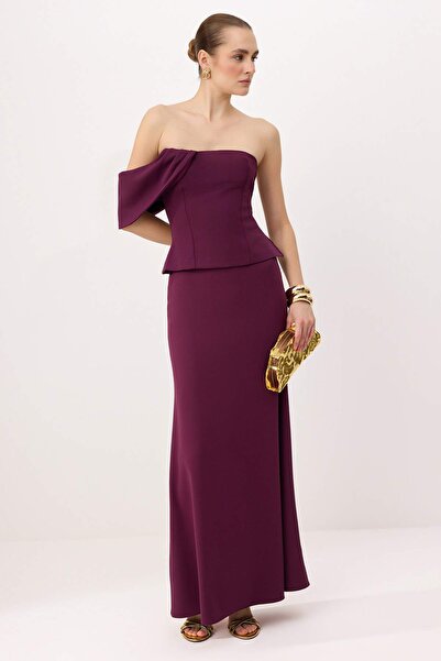 Trendyol Kollektion Pflaumenfarbenes, schulterfreies, gewebtes Finike Maxi-Ab...