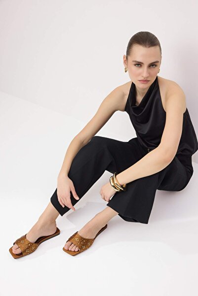 TRENDYOL SHOES Καφέ Πέτρινες Σατέν Κομψές Γυναικείες Παντόφλες TAKSS25TE00025