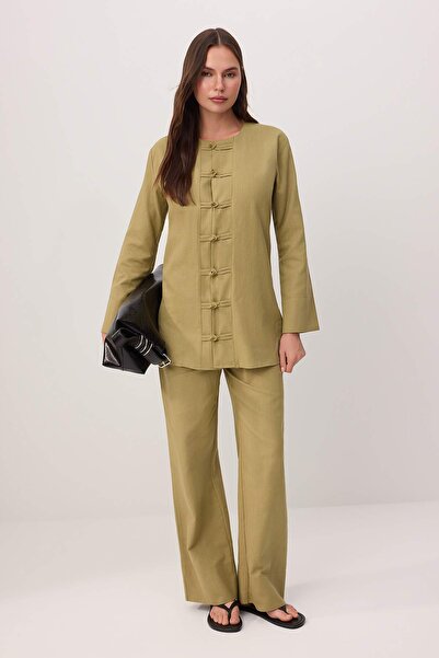 Trendyol Modest Ανοιχτόχρωμο μείγμα λινών σε απόχρωση μέντας, ίσια υφαντή μπλ...