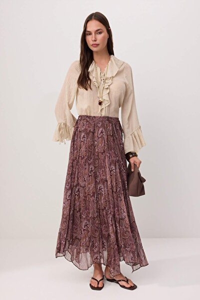 Trendyol Modest Brauner Chiffon-Plisseerock mit Ethno-Muster und Futter TCTSS...