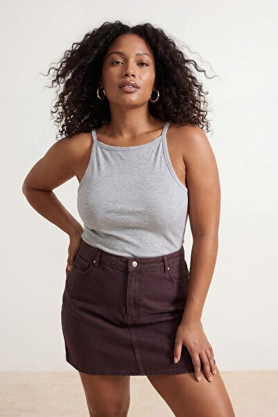 Trendyol Curve Γκρι Μελανζέ λαιμόκοψη halter πλέξη ριμπ Βασικό Πλεκτό Αθλητικ...