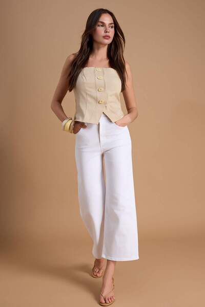 Συλλογή Trendyol Λευκό ψηλόμεσο τζιν με φαρδιά μπατζάκια Ελαστικό ποδιών TWOS...