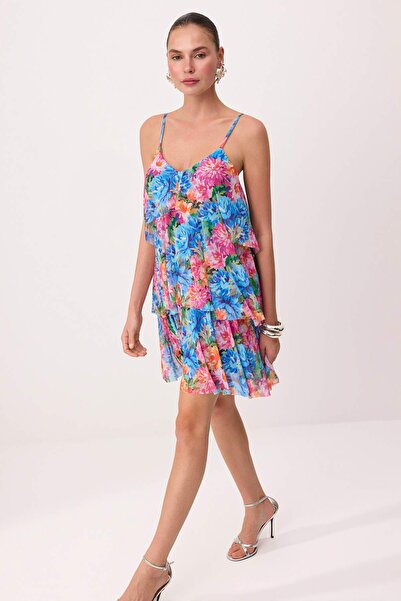 Συλλογή Trendyol Πολύχρωμο φόρεμα αποφοίτησης με λουλουδάτο τούλι πλεκτό κοντ...