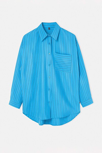 Trendyol Modest Μπλε Υπερμεγέθη Ριγέ Υφαντό Πουκάμισο TCTSS26TG00056
