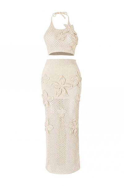 Συλλογή Trendyol Εκρού Πλεκτό Διάτρητο Σετ Μπλούζας και Φούστας Παραλίας με Λ...