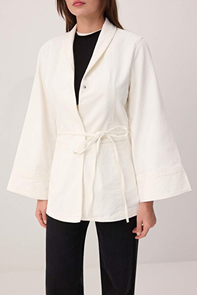 Συλλογή Trendyol Εκρού Ζωνάτο 100% Βαμβακερό Oversize Τζιν Μπουφάν TWOSS26CE0...