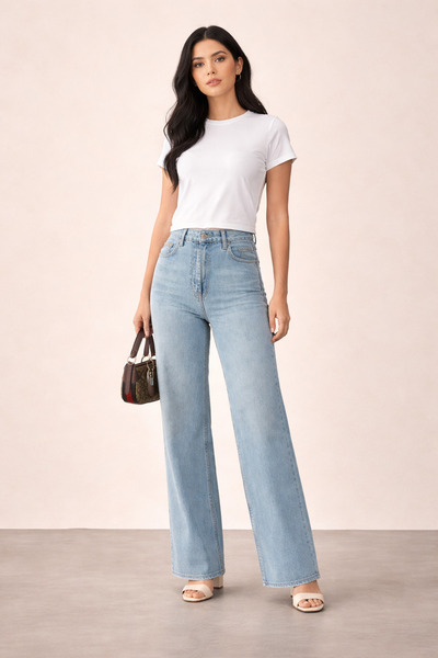ZÉRIA Wide Leg Jean Kar Mavisi Yüksek Bel Kadın Denim Pantolon