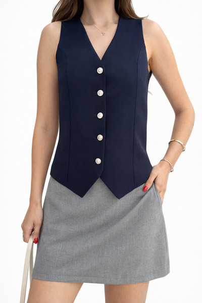 İLKCET MODA Atlas Fabric Navy Blue Silver Buttoned Women's Vest