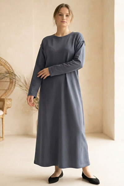 Betimoda Women's Long Sleeve Crew Neck Modal Fabric Midi Dress Anthracite