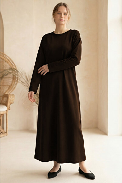 Betimoda Women's Long Sleeve Crew Neck Modal Fabric Midi Length Dress Brown