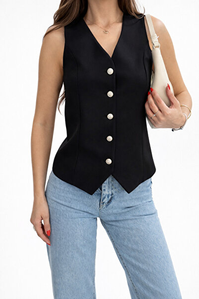 İLKCET MODA Γυναικείο γιλέκο Atlas υφασμάτινο μαύρο με ασημένια κουμπιά