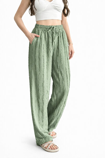 İLKCET MODA Women's Green Textured Elastic Waist Casual Pants