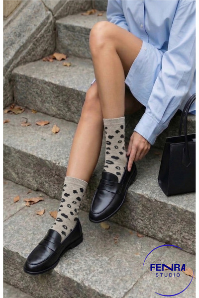 FENRA STUDIO Дамски памучни чорапи с леопардов принт, изцяло от хавлия, в беж...