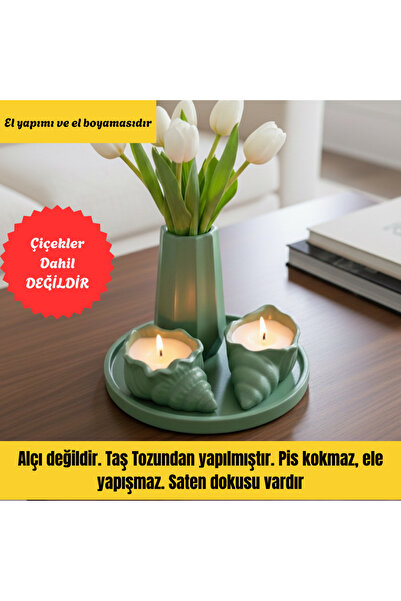 Nigistore 4 Parça Yeşil Set - Istiridye Mumlu, Vazolu, Yuvarlak Tepsili (ÇİÇE...