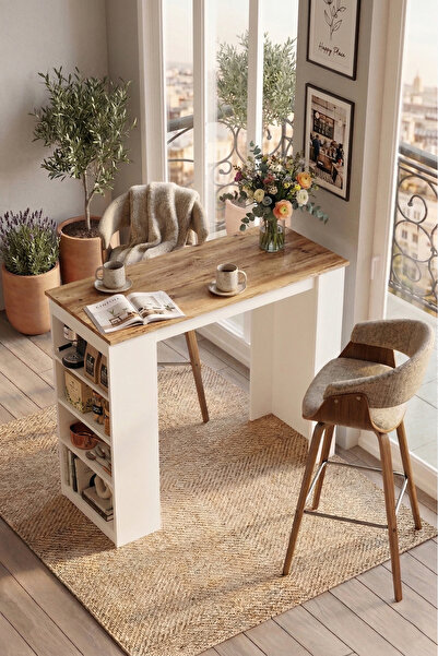Yurudesign Style Bar Masası Mutfak Yemek Masası Atlantik Çam-beyaz St1-aw